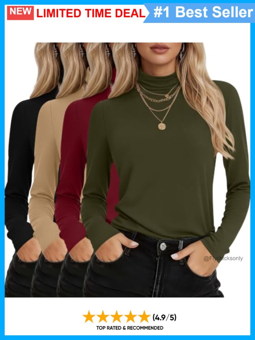 4 Pack Cotton Turtleneck Long Sleeve Tops Pullover Tees